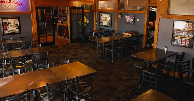 Interior, regular and high seating wooden top tables for eight, six and four people