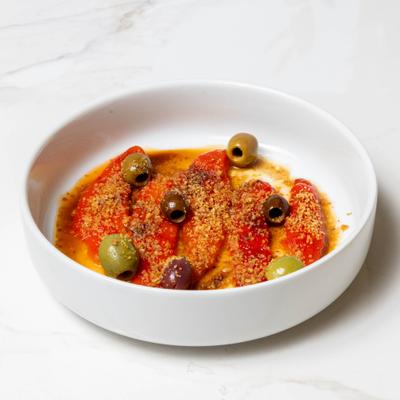 Marinated roasted red peppers and olives.