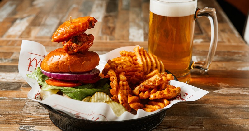 A closeup on the Bleu & Buffalo Wing Burger