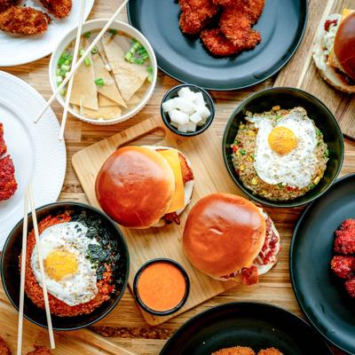 Assortment of dishes served on the table with condiments.
