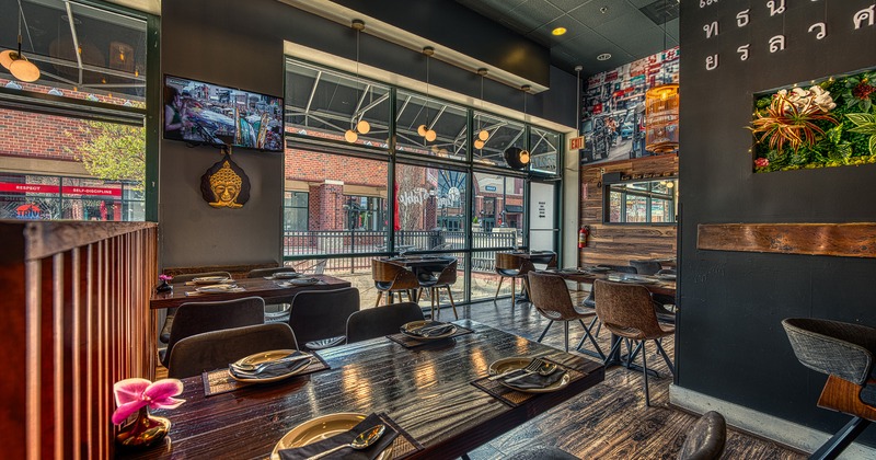 Nicely done interior dining area with set tables