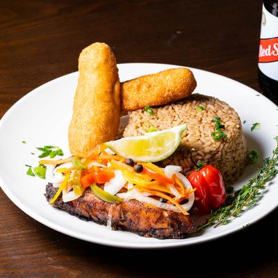 Red Snapper fillet, with rice and fritters.