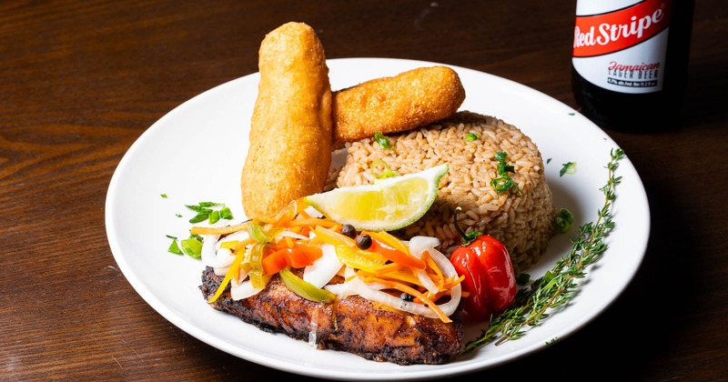 Fried Red Snapper, with rice, veggies, and fritters