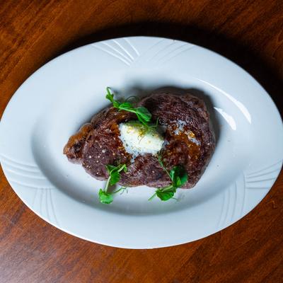 Delmonico Ribeye plate, top down view.