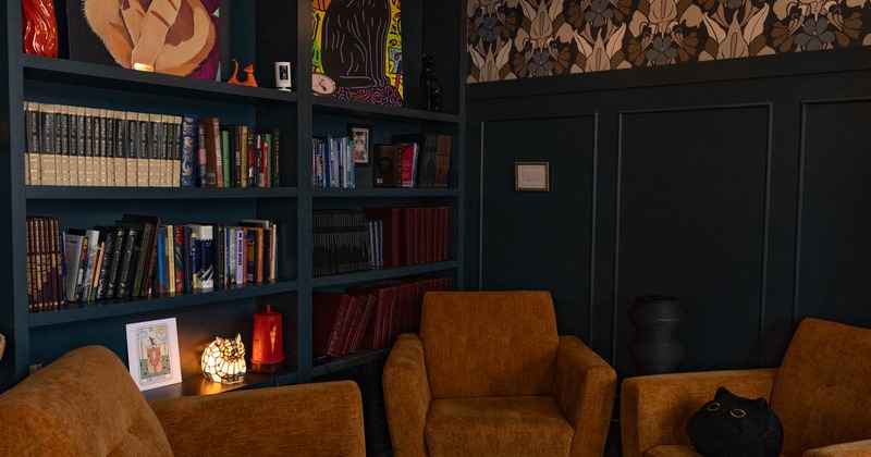 Interior, cozy corner with a bookshelf in the back