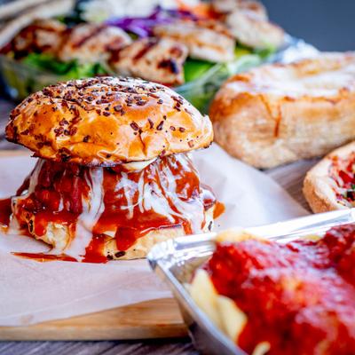 Super Roast Beef Sandwich, Pasta with meatballs, Veggie pizza, and other dishes.