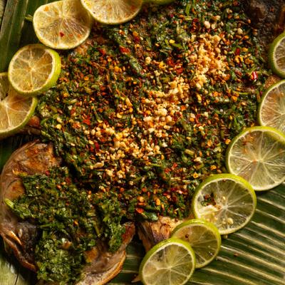 Grilled Branzino garnished with fresh lime slices and chopped herbs, close-up.