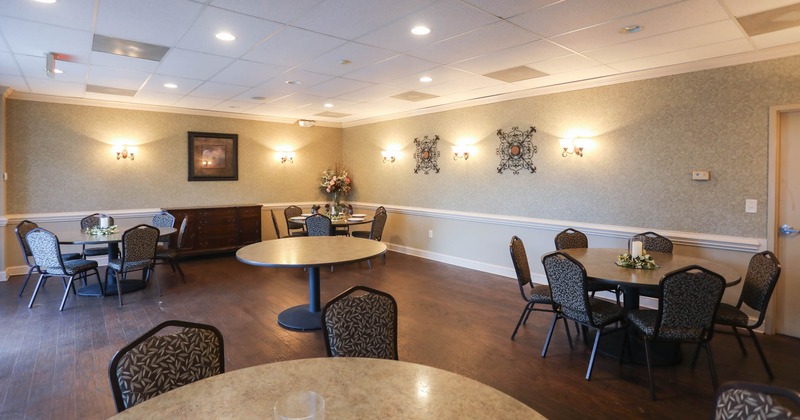 Interior, dining area, tables and chairs