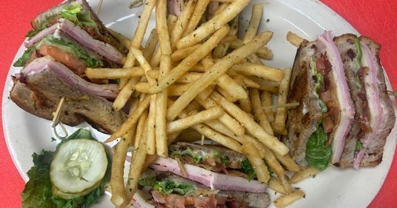 Sandwiches served with fires, top view