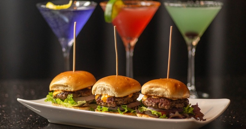 Burger Sliders plate and three Martini cocktails
