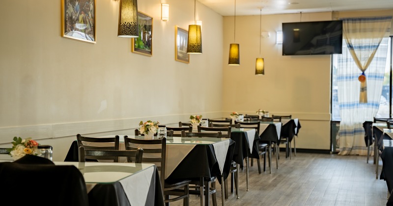 Interior, diner area, tables and chairs