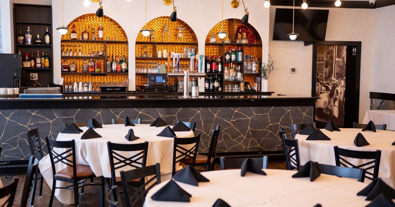 Dining area with wooden tables