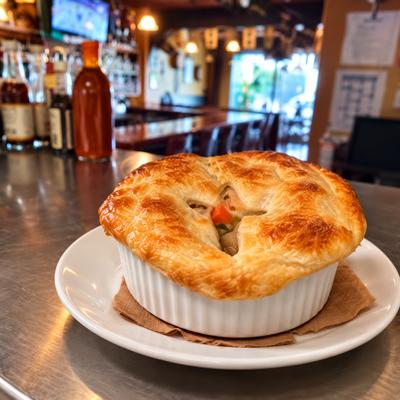 A golden pastry-topped pot pie on a white plate at the pub..