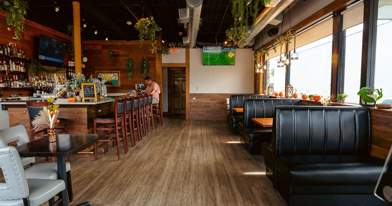 Interior, restaurant booths near window