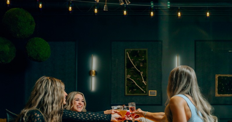 Group of people clinging glasses at the table