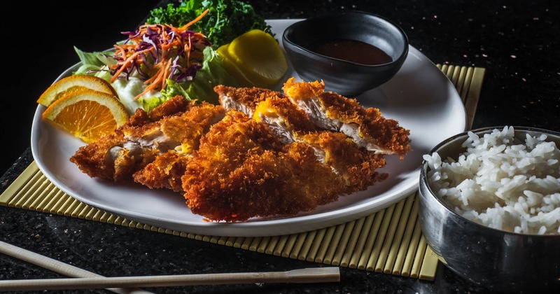 Chicken Katsu served with rice and a side salad