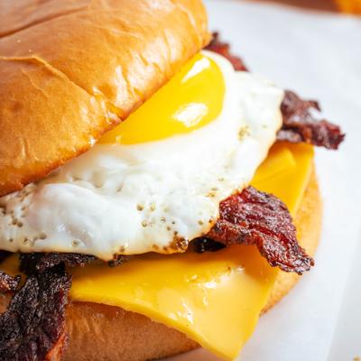 Beef bacon breakfast sandwich.