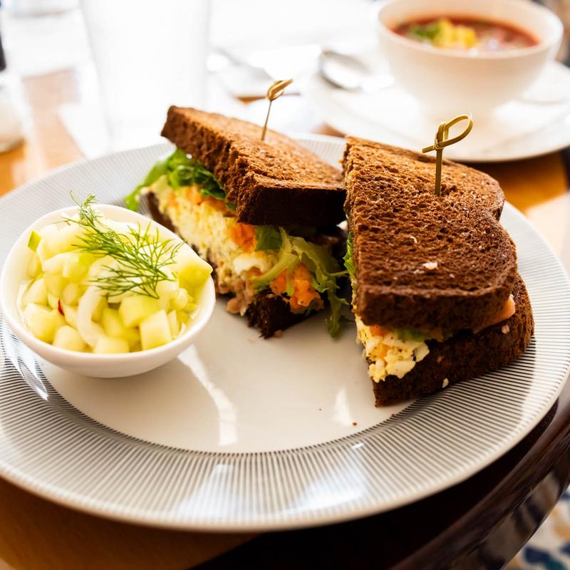 Egg Salad with Smoked Salmon & Fresh Dill on Pumpernickel Bread photo