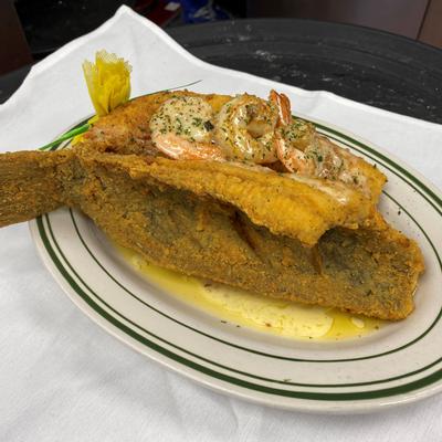 Fried Flounder w/ Shrimp.