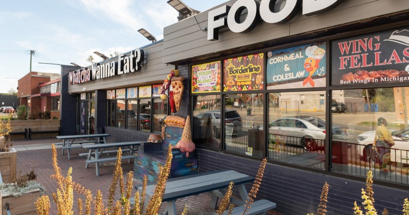 Exterior, outdoor seating area, wooden tables with benches