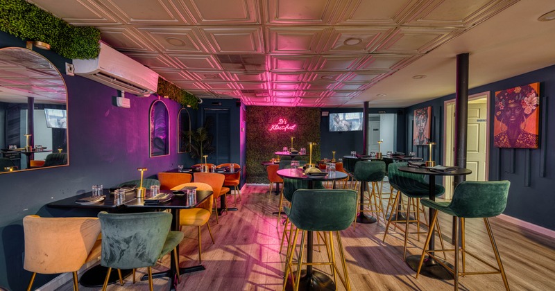 Interior seating area with chairs and tables