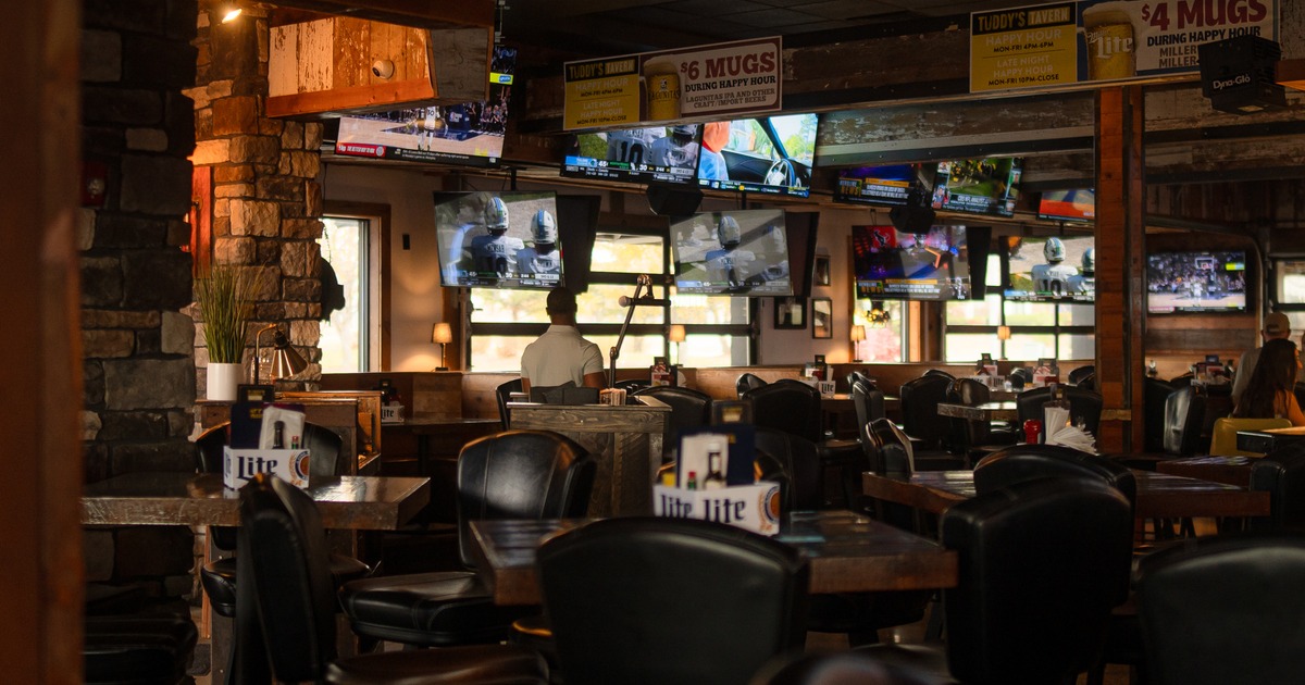 Diner area, tables and chairs, wide view