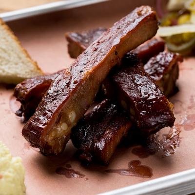 Close up of pork ribs from rib plate