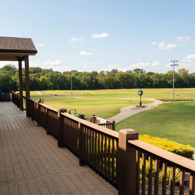 Wooden deck overlooking the park.