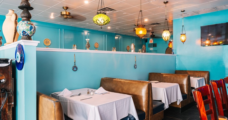 Restaurant interior, dining booths