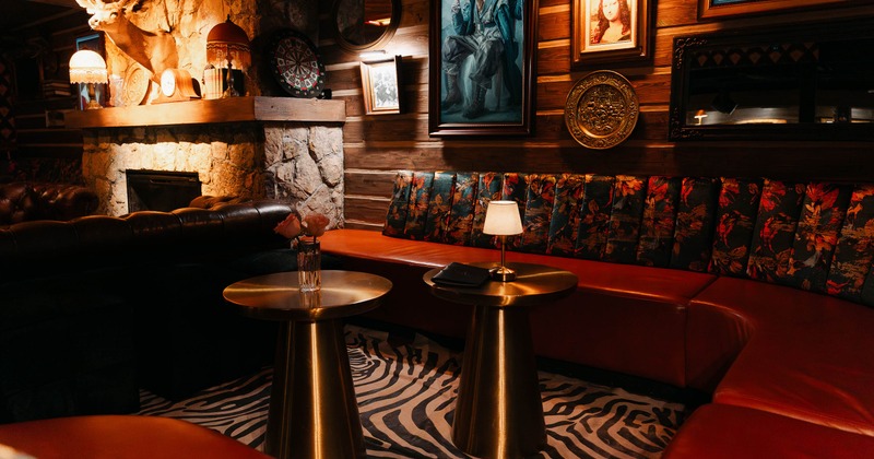 Interior, long seating bench and tables