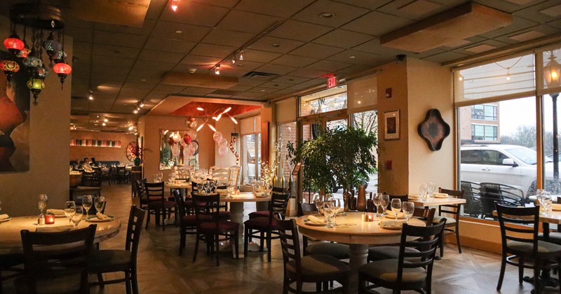 Decorated interior, dining area ready for guests