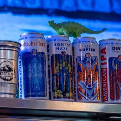 Assorted beer cans on a shelf.