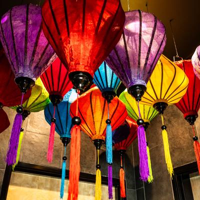 Interior, ceiling decorated with multi colored hanging lanterns