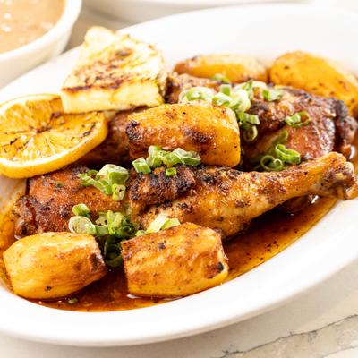 Roasted chicken and potatoes.