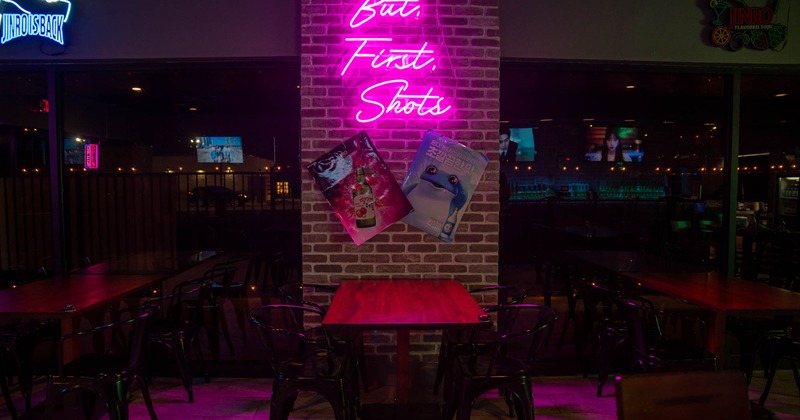 Interior, dining area, neon lights on the walls