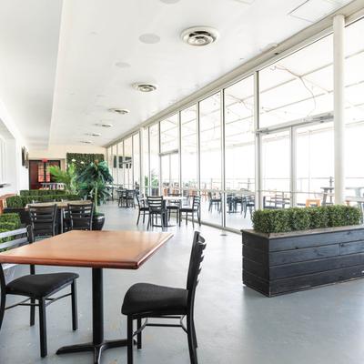 Rooftop interior, seating area.