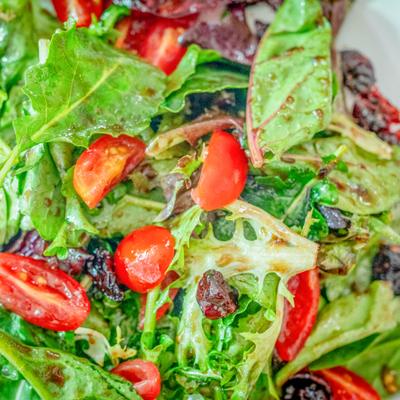 Mixed greens salad with grape tomatoes and dried cranberries.
