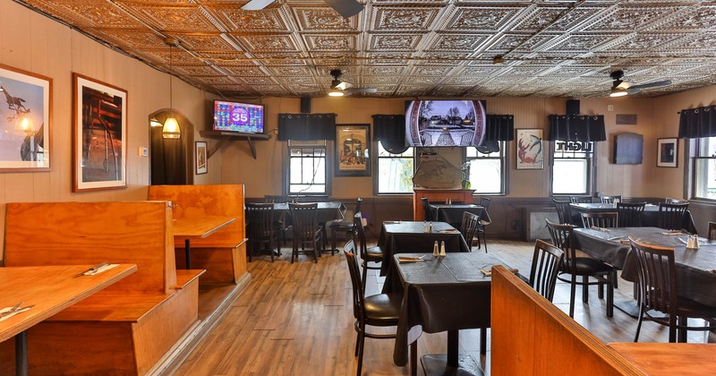 Interior, restaurant booths in dining area