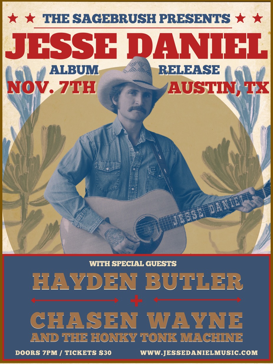 Hayden Butler, Jesse Daniel (Album Release), Chasen Wayne & The Honky Tonk Machine Austin concert poster
