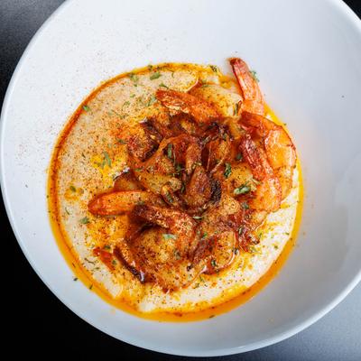Cajun butter shrimp, top view.