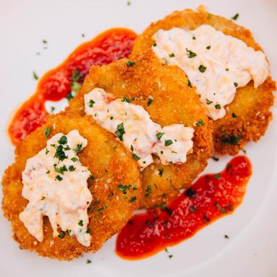 Fried Green Tomatoes, with pimento cheese, and sweet pepper jelly.