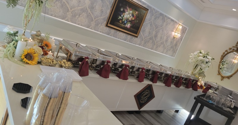 Buffet table with catering trays