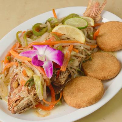 Escovitch fish and Jamaican bammy cassava flatbread.