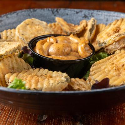 Fried Pickles with spicy aioli.