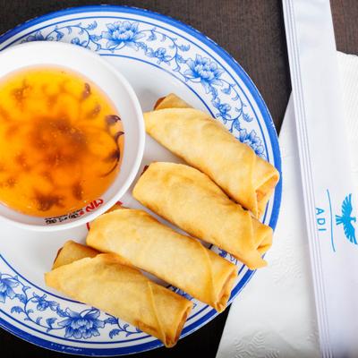 Spring rolls with sweet chili sauce.