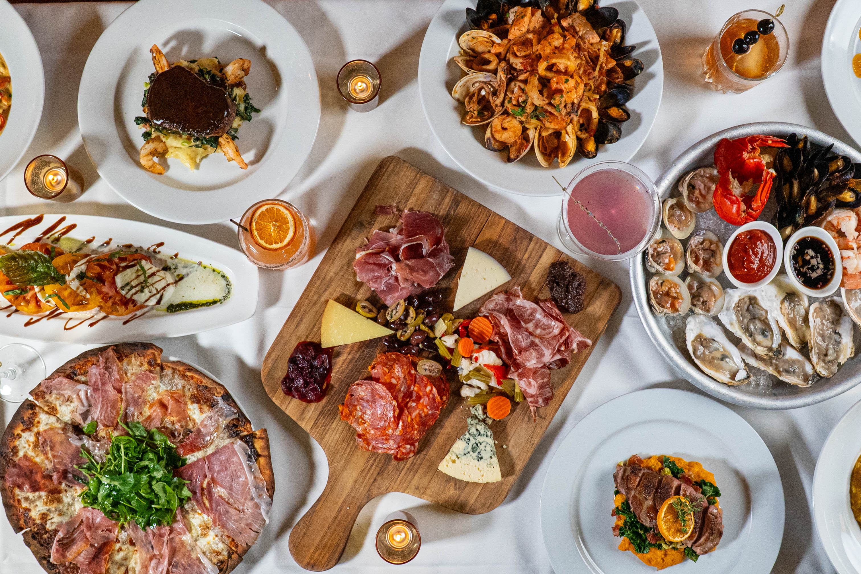 Variety of food items served on the table, top view