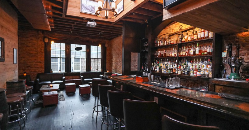 Interior, bar and bar chairs, tables and sofa seating