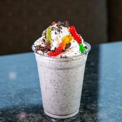 Oreo Shake with gummy worms.