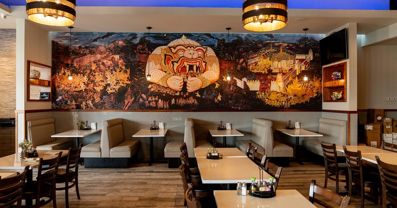 Restaurant interior, cozy dining area, wall mural