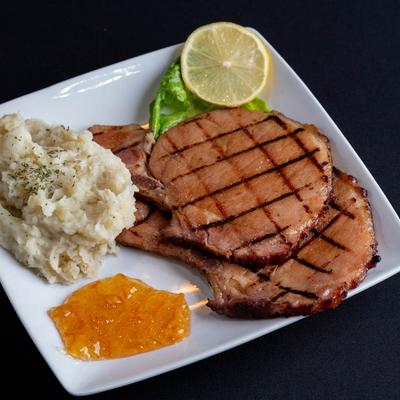 Pork steak with mashed potatoes.